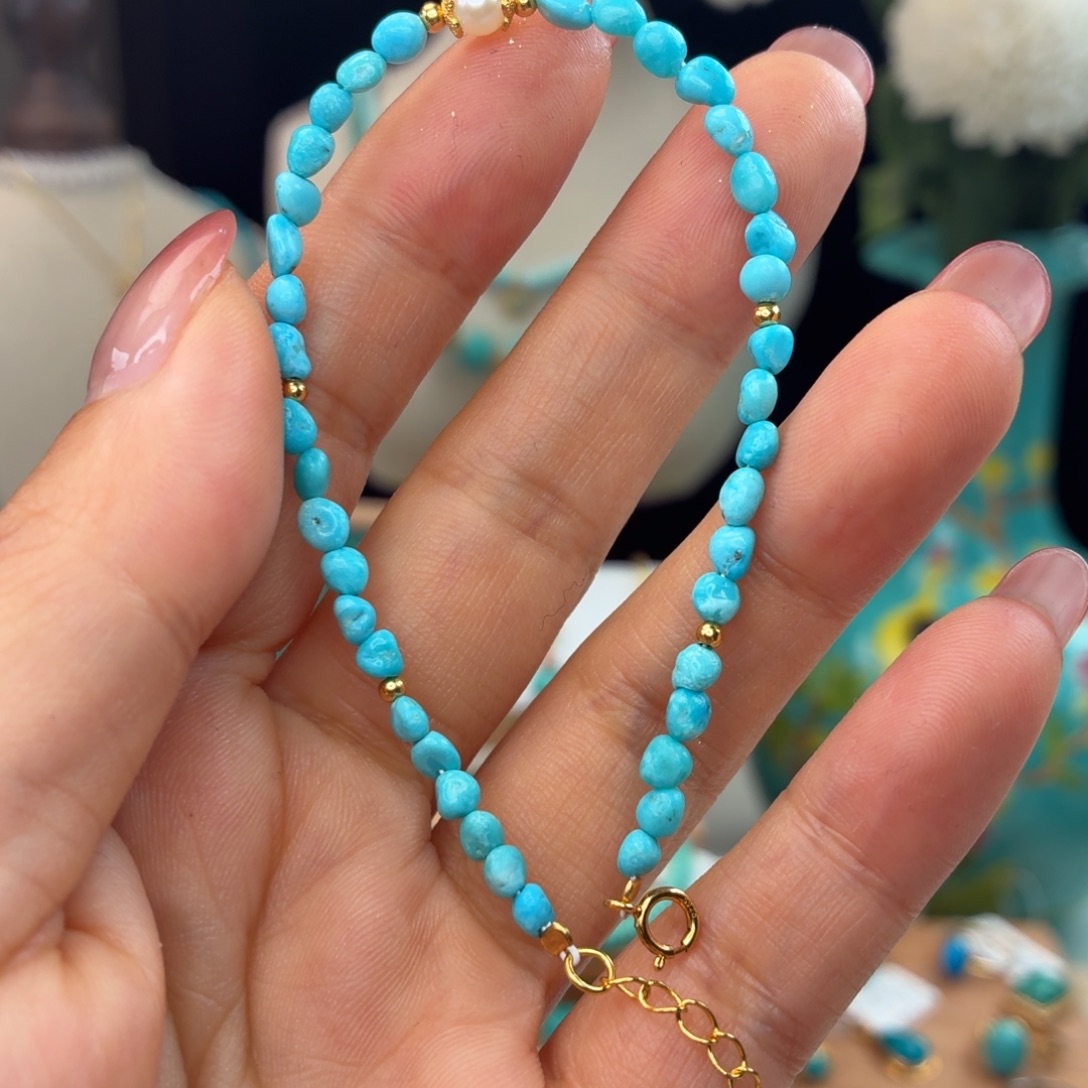 绿松石银S925镀金镶嵌手链