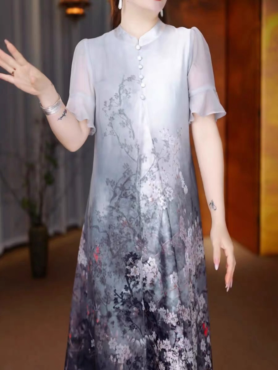 AA0655时尚水墨花短袖薄款连衣裙夏季新款高端气质显瘦裙子