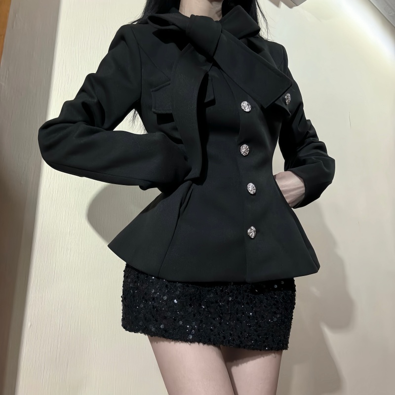 iqcq气球熊【达人专属】秋冬毛呢黑色绑带蝴蝶结收腰外套亮片包臀裙