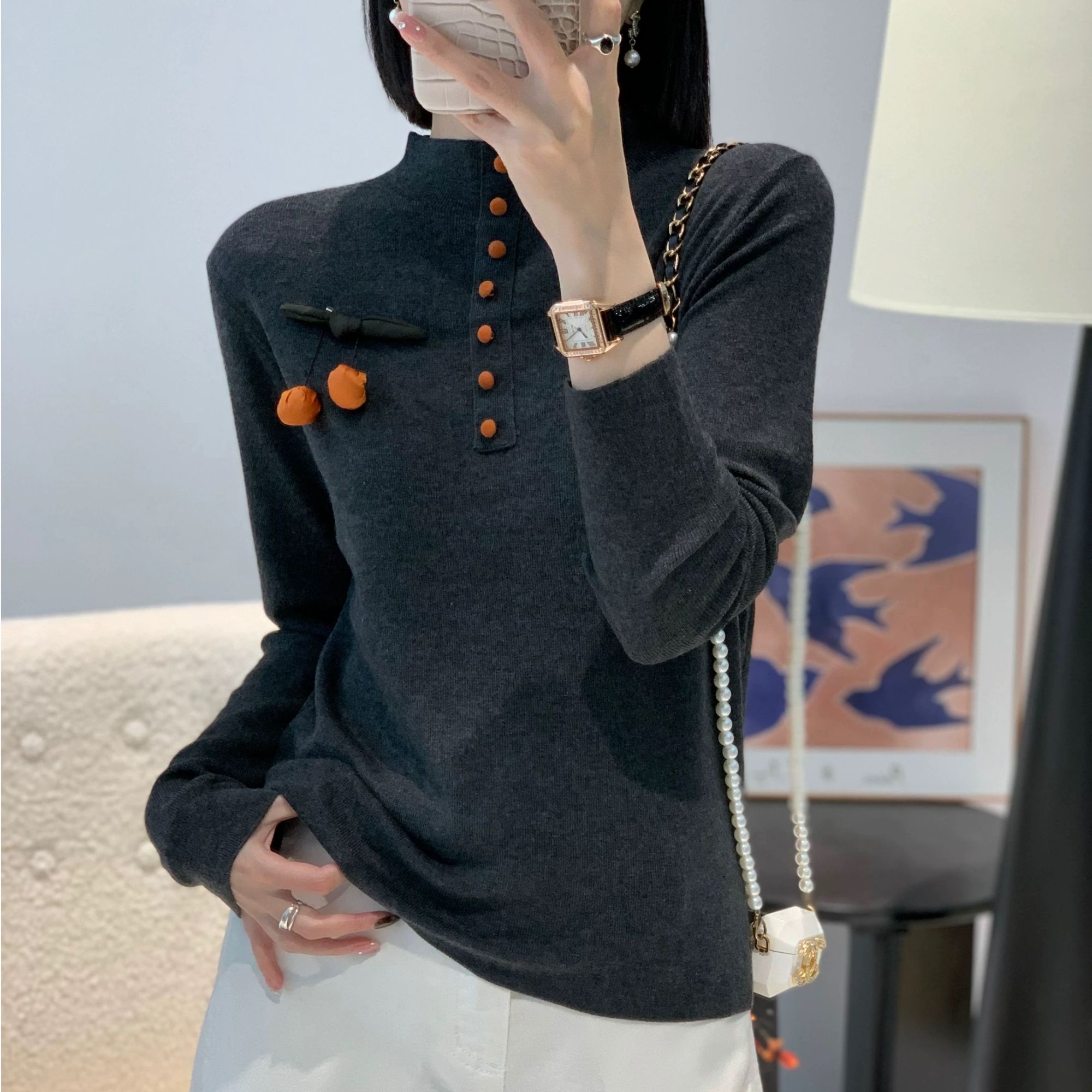 [ W i F i ]6382设计感撞色纽扣半高领针织衫