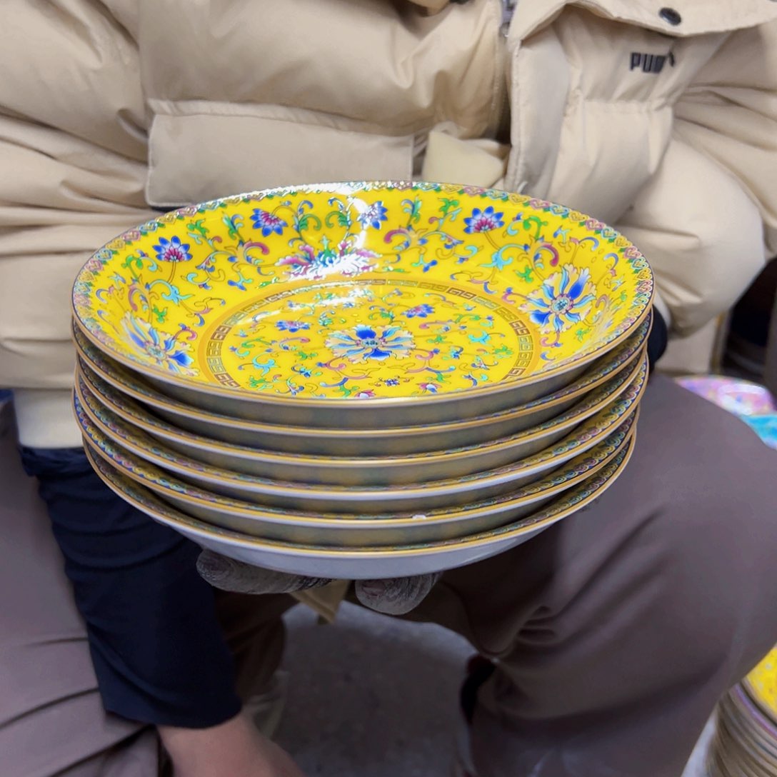 瓷片8英寸珐琅彩黄色深盘满花6个