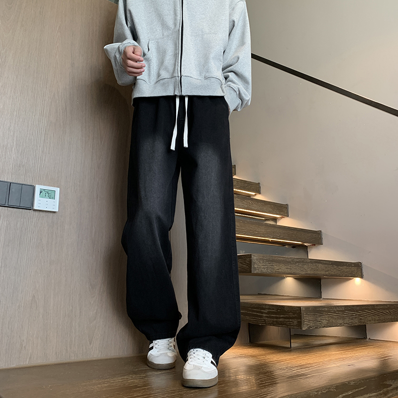 秋冬磨白灰加绒垂感牛仔裤青少年直筒宽松阔腿松紧腰男女拖地裤