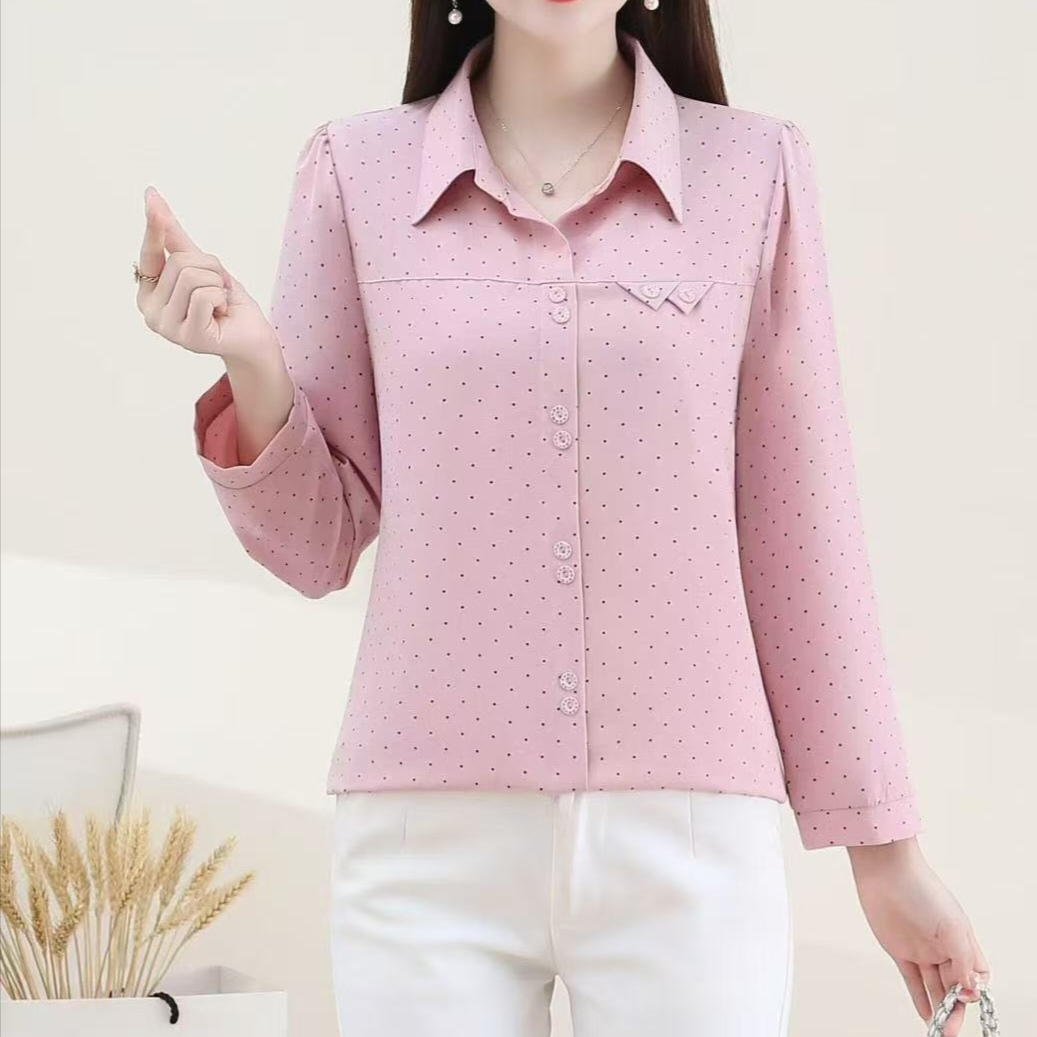 洋气百搭妈妈装小方领纯色波点女士小衫上衣打底衫