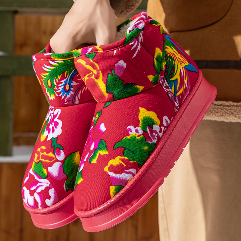 东北大花棉鞋子男款冬季厚底防滑加绒保暖时尚高帮棉靴女士户外穿