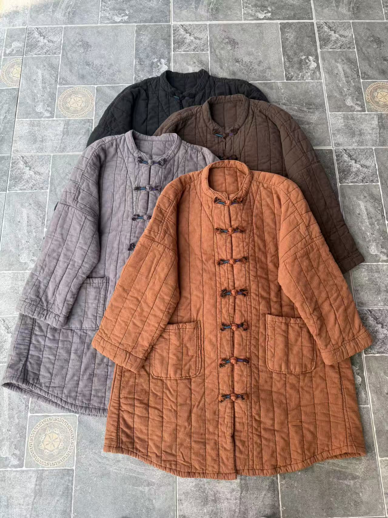 亚麻中国结绕线盘扣立领长款棉衣棉服2635