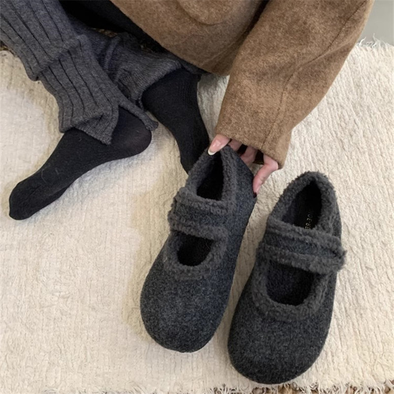 2025秋冬复古绒面内增高5cm玛丽珍鞋女加绒保暖毛毛单鞋博肯鞋