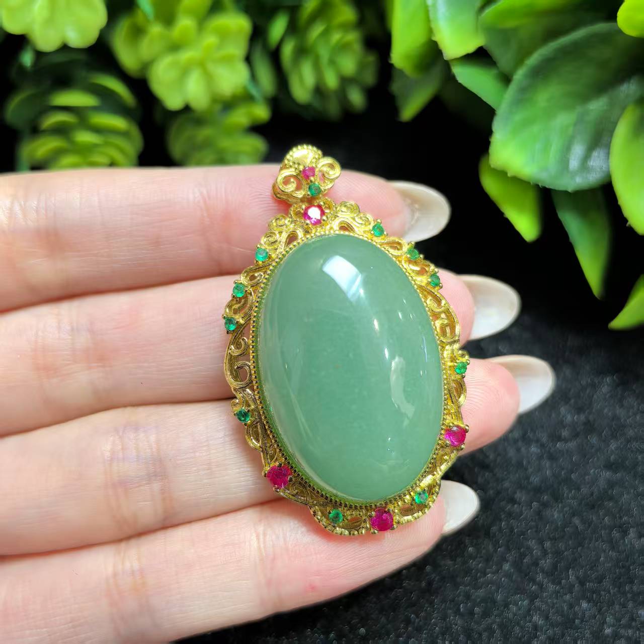 CT3644【百百福珠宝】青碧冰芙蓉 石英岩玉蛋面吊坠-配麻花链