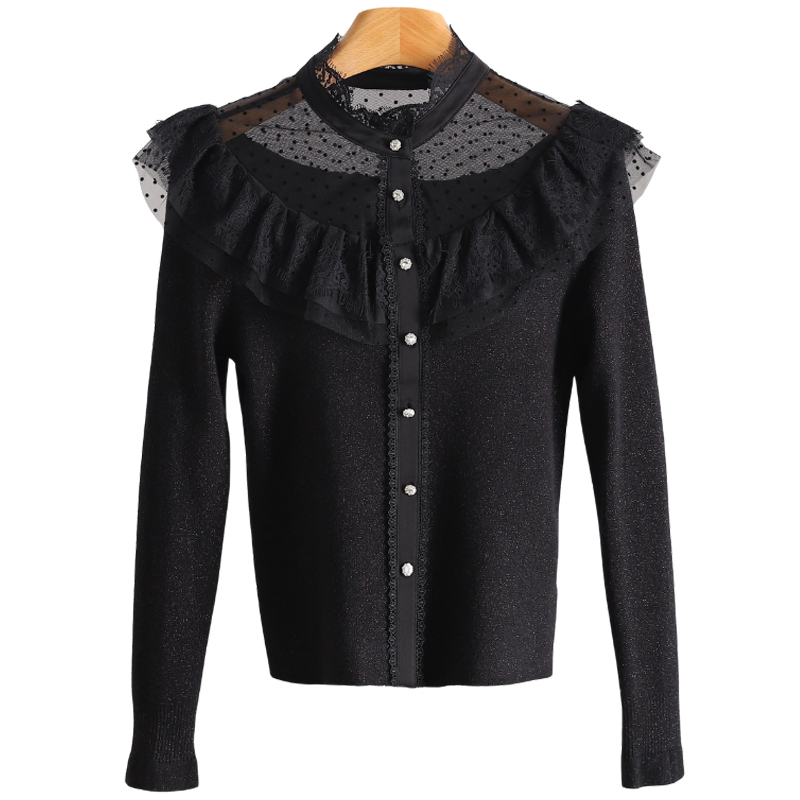 F8098-【左】波点蕾丝花边镂空立领套头针织衫#WZE58M013