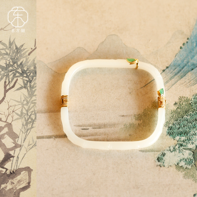 东方俪DOFUNLY【秋慧景】和田玉方形竹叶手镯18K金设计款WYSZ空谷