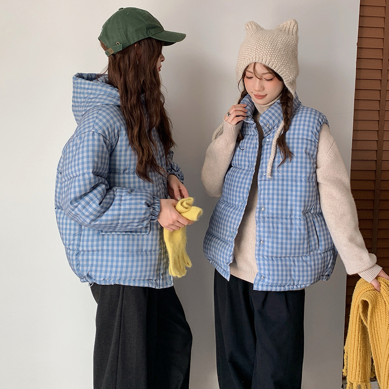 蓝色格子连帽加厚保暖棉衣女小个子冬天2025新款外套设计感面包服
