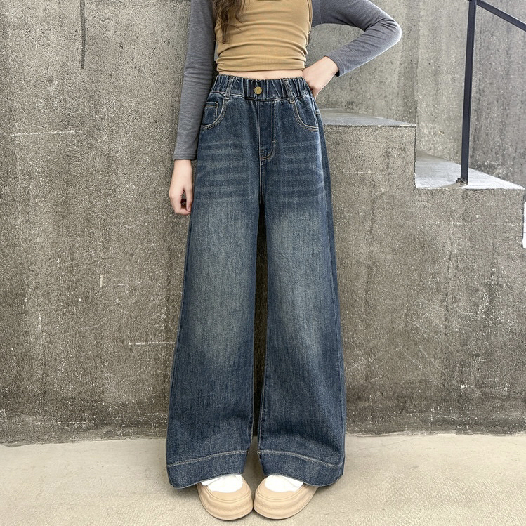 女童2025秋季新款中高腰黑白线刺绣蝴蝶结牛仔裤韩版显瘦直筒裤