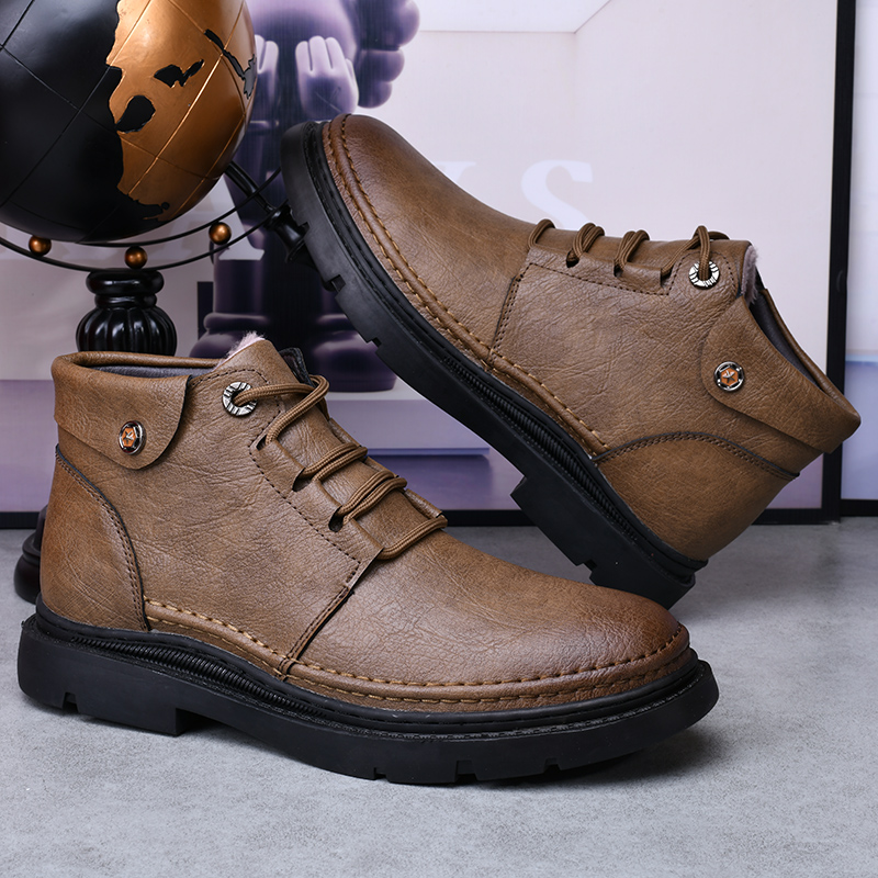 公牛男鞋真皮马丁靴男中帮皮鞋户外工装靴加绒保暖棉鞋靴防滑软底