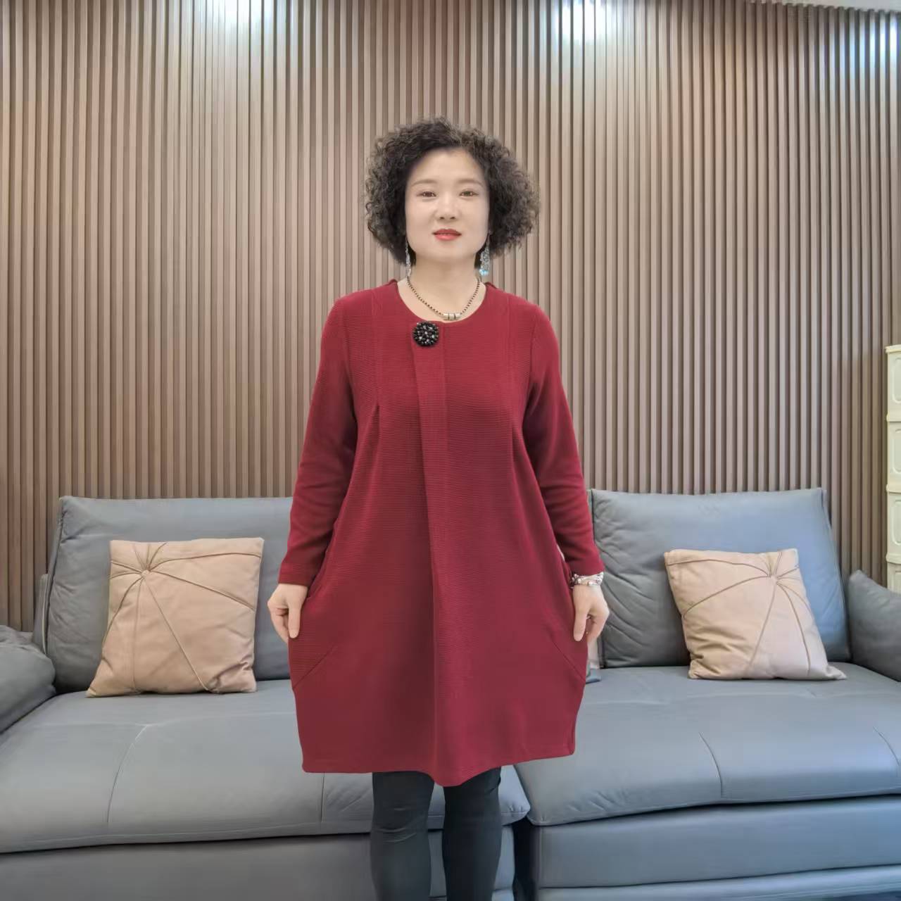 纯色圆领长袖短裙高腰H型连衣裙秋冬款297