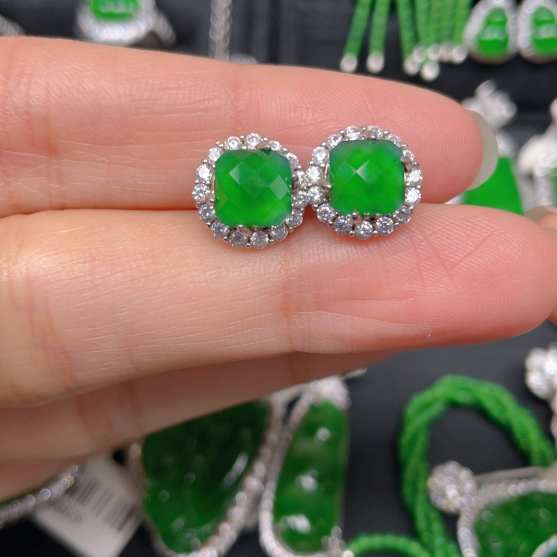 翡翠耳饰银S925镶嵌耳钉