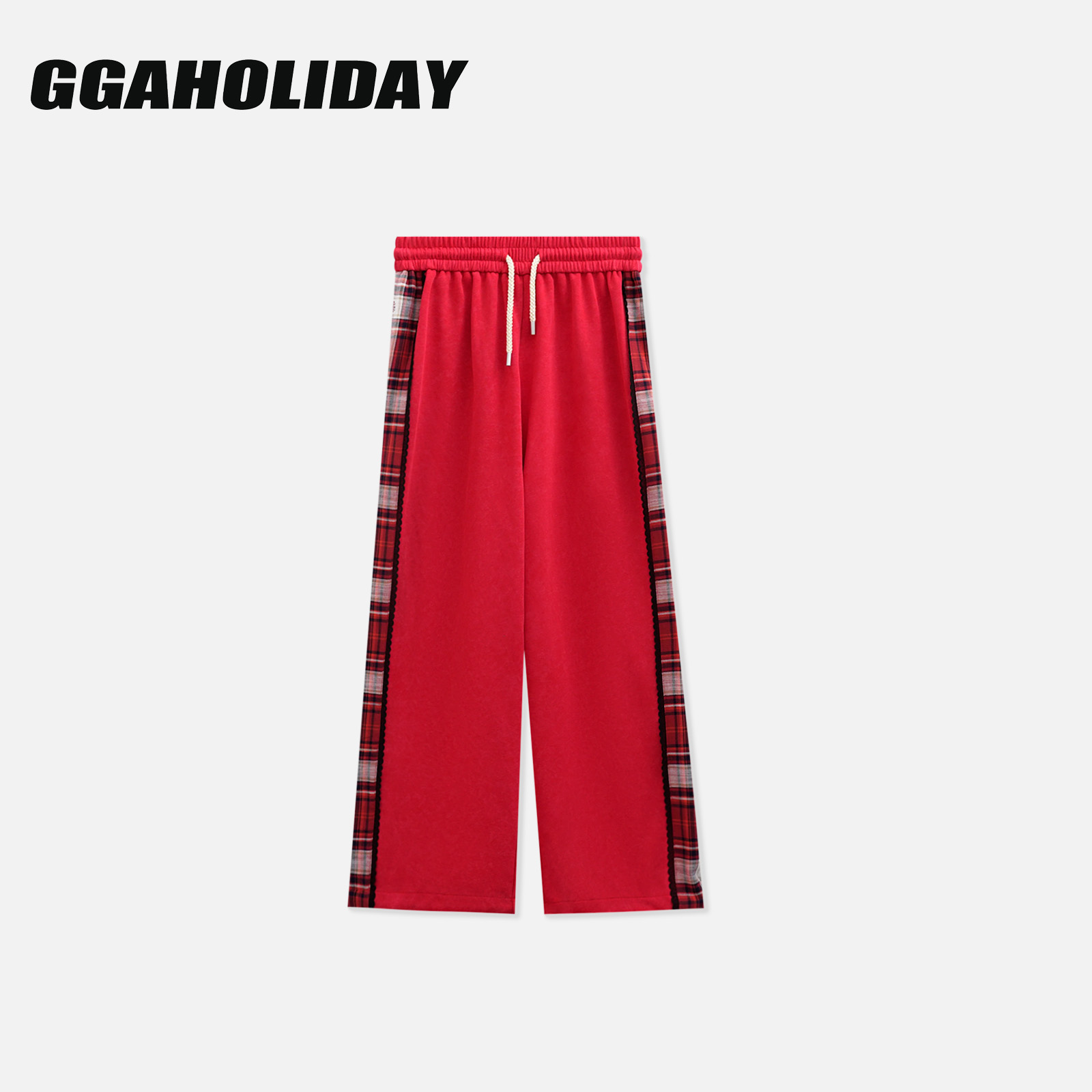 GGAHOLIDAY时尚潮流百搭宽松格纹拼接直筒抽绳休闲长裤-153141