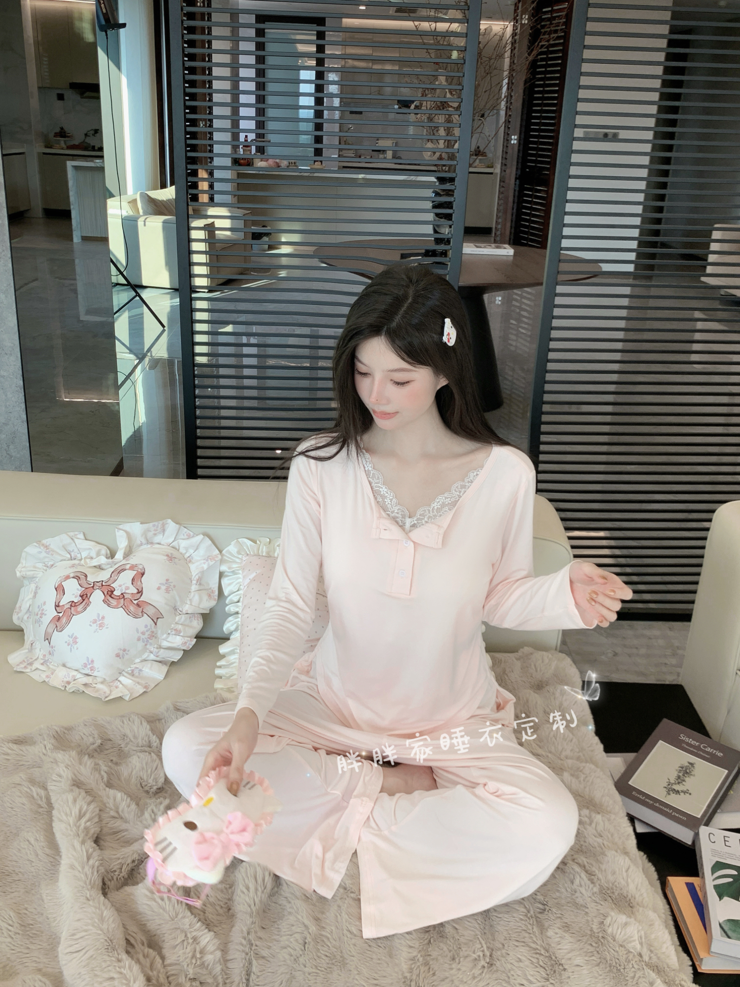 【高智姐姐】秋季睡衣女代尔棉长袖纯欲蕾丝纯色家居服可外穿带胸垫