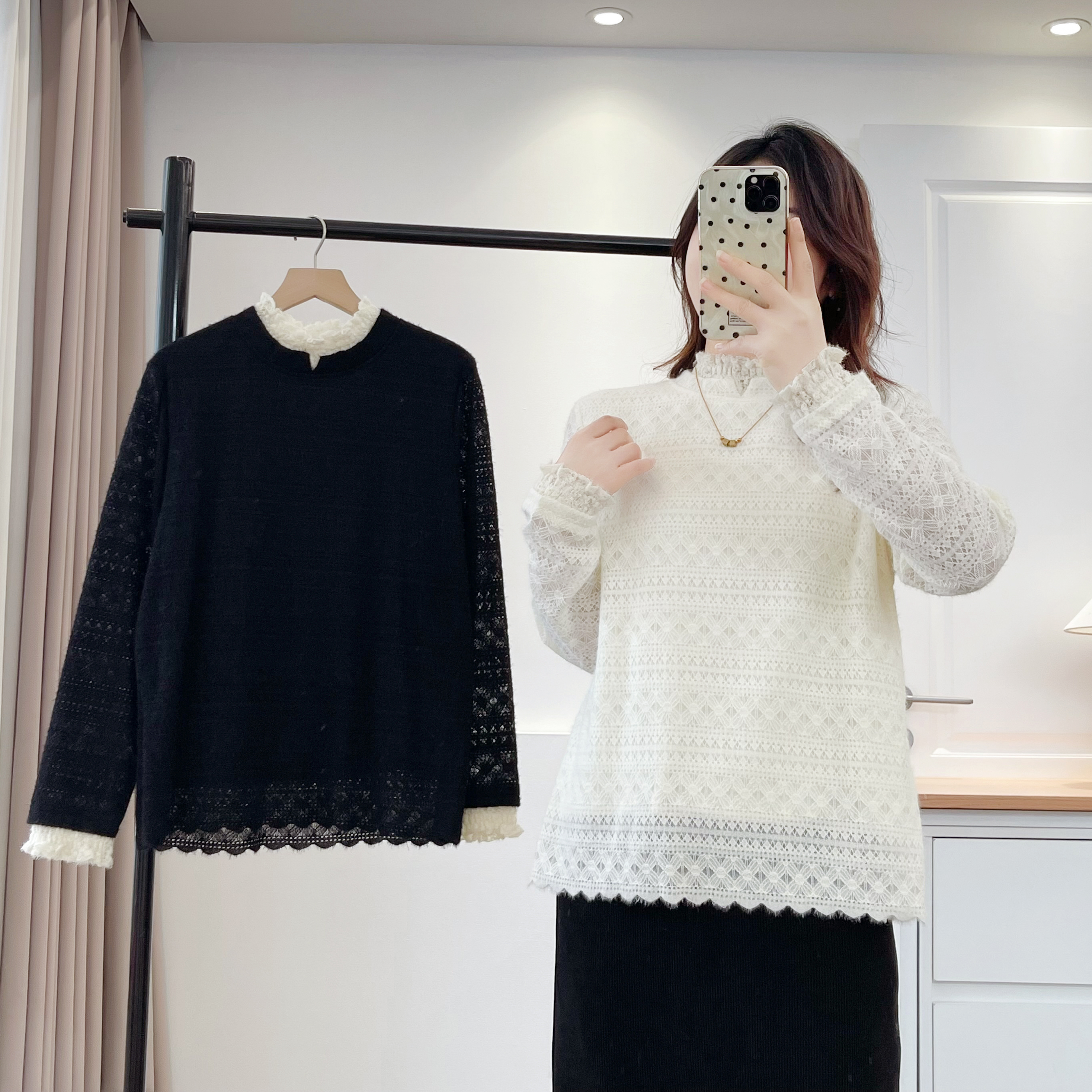 大鱼大码女装105-200斤冬新款气质百搭蕾丝双层加绒长袖T恤6061