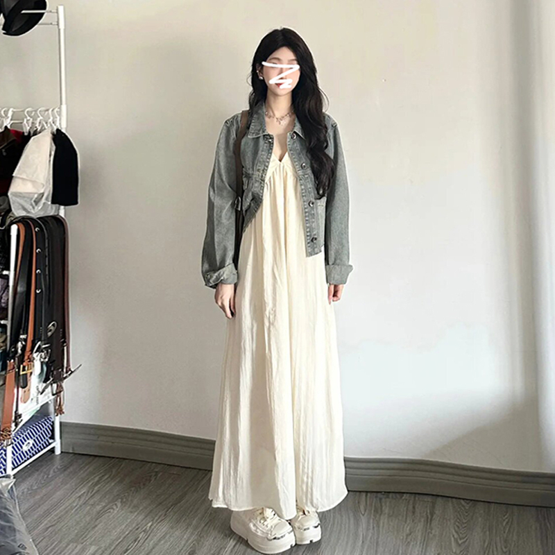 【现货+运补】茶系穿搭一整套秋季女装长裙v领吊带连衣裙清仓D801