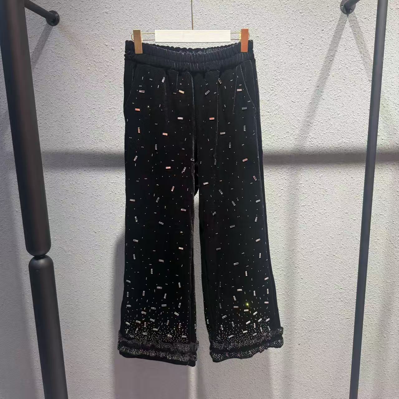 coco家重工满钻加绒加厚黑色丝绒阔腿裤时尚高腰秋冬花边休闲裤