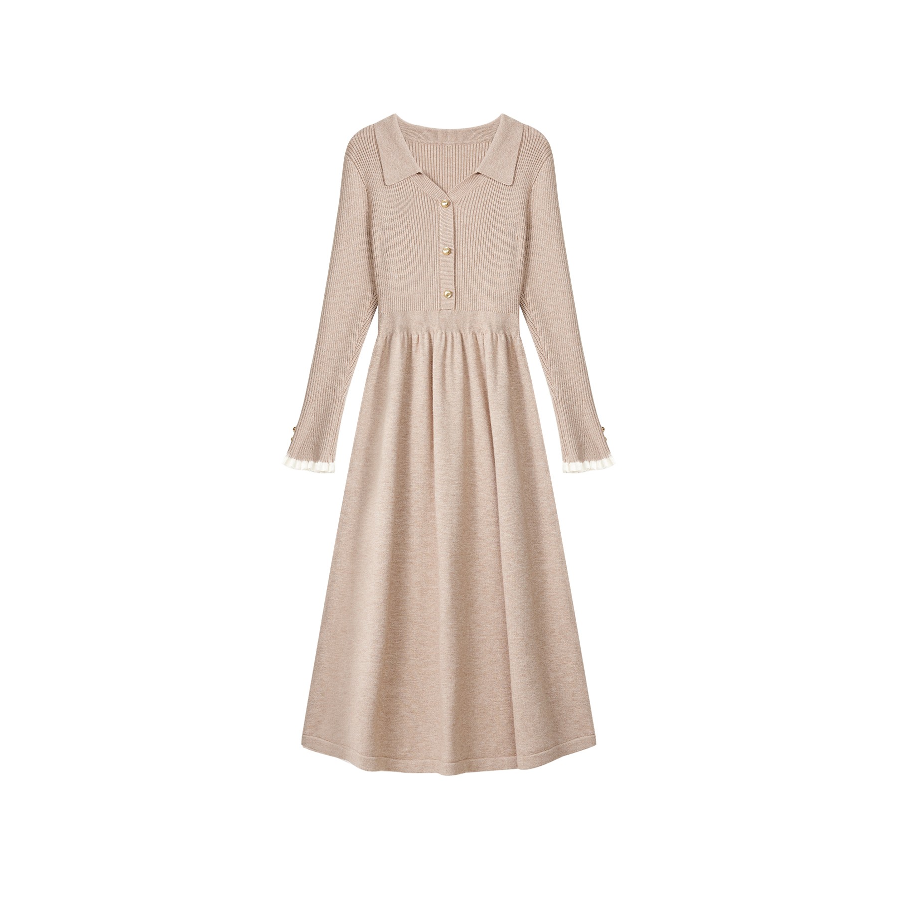 现货【品牌撤柜款ZB】」V领燕麦色连衣裙女冬气质显瘦QYM002404-1