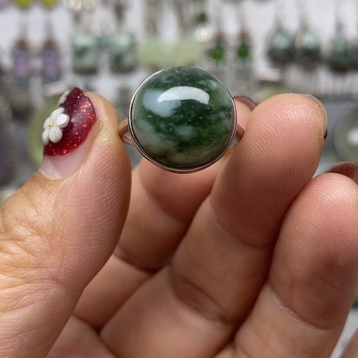 蛇纹石玉戒指银S925镶嵌