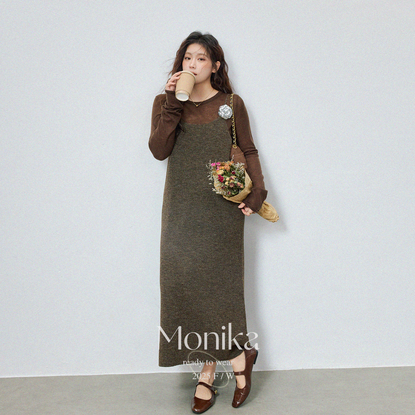 大码秋冬中长款撞色长袖圆领套头两件套气质针织长裙连衣裙15619