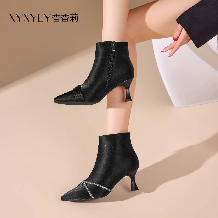 香香莉女鞋2025冬季新款32231尖头磨砂细跟高跟鞋时装靴短靴子