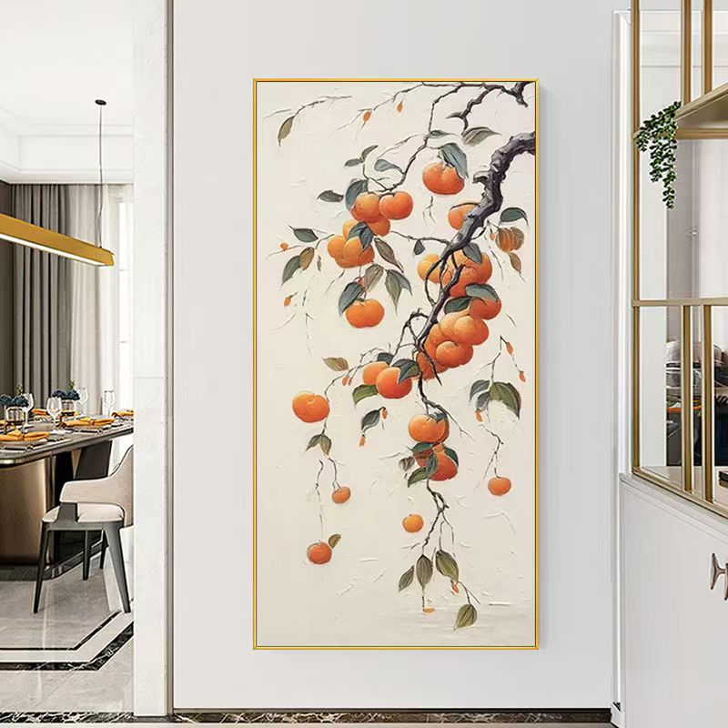 手绘油画《柿柿如意》玄关竖版装饰画中式客厅过道挂画柿子80160