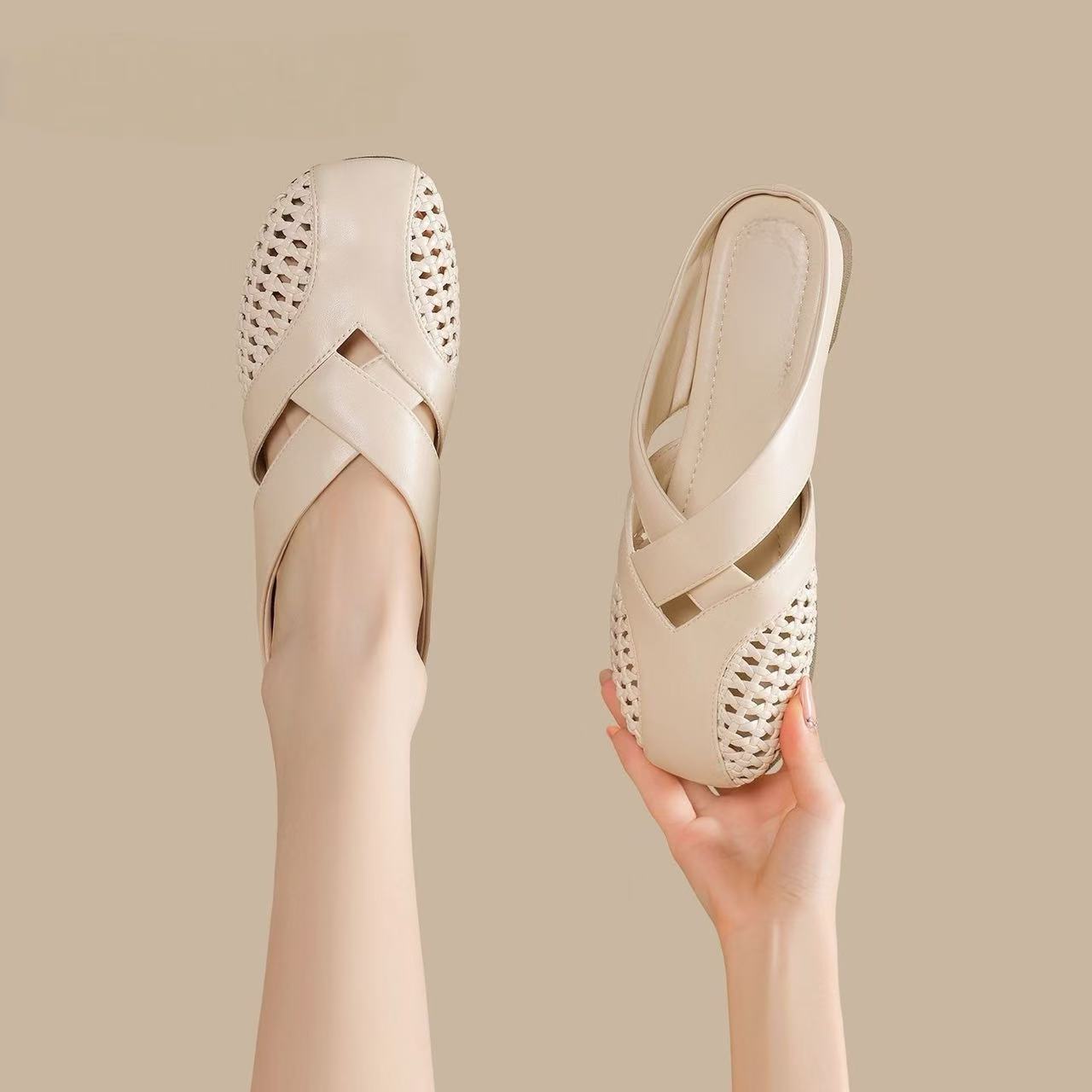 包头拖镂空洞洞坡跟休闲风包头透气复古浅口百搭休闲y