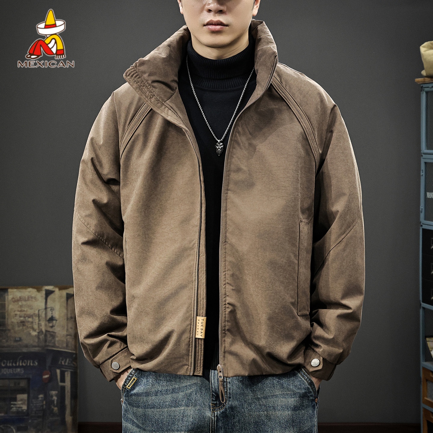 Mexican/稻草人冬季白鸭绒立领羽绒服男款美式复古宽松大码外套潮