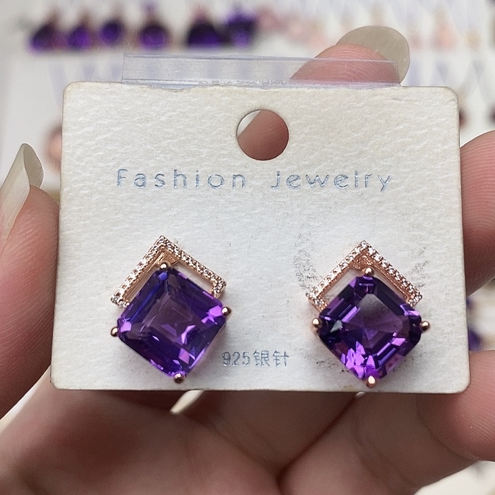 紫晶耳钉银S925镶嵌紫水晶耳钉