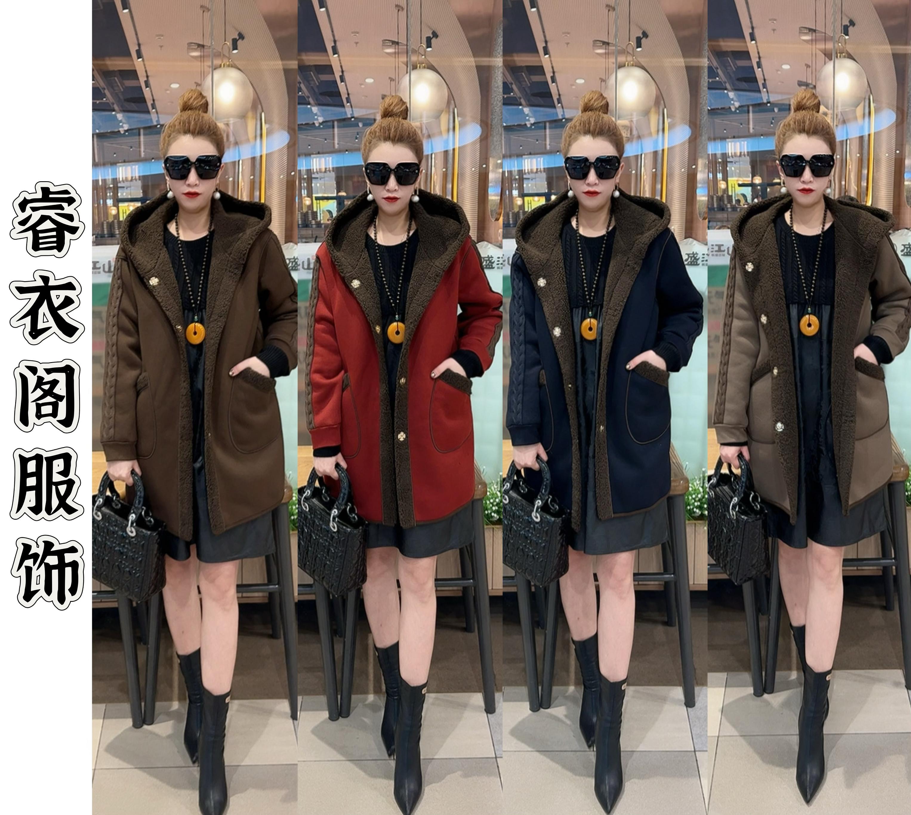 睿依阁  冬季大码加绒加厚双面穿毛呢大衣外套