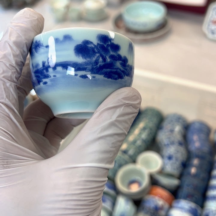 瓷片白青花山水刚杯客杯全品