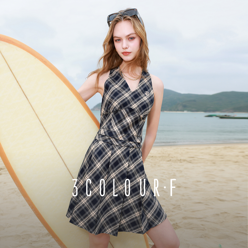 三彩独醒2025夏季新款格纹连衣裙甜酷百褶裙无袖飘带短裙F