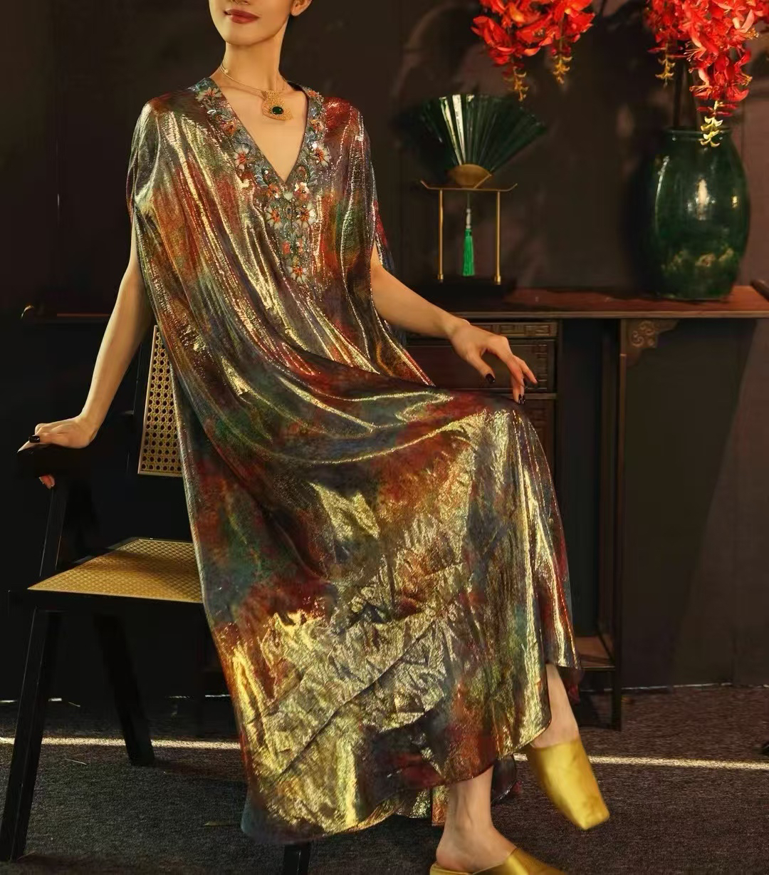 【李小姐】设计师时尚高定珐琅彩重工女士长款连衣裙气质高奢法式