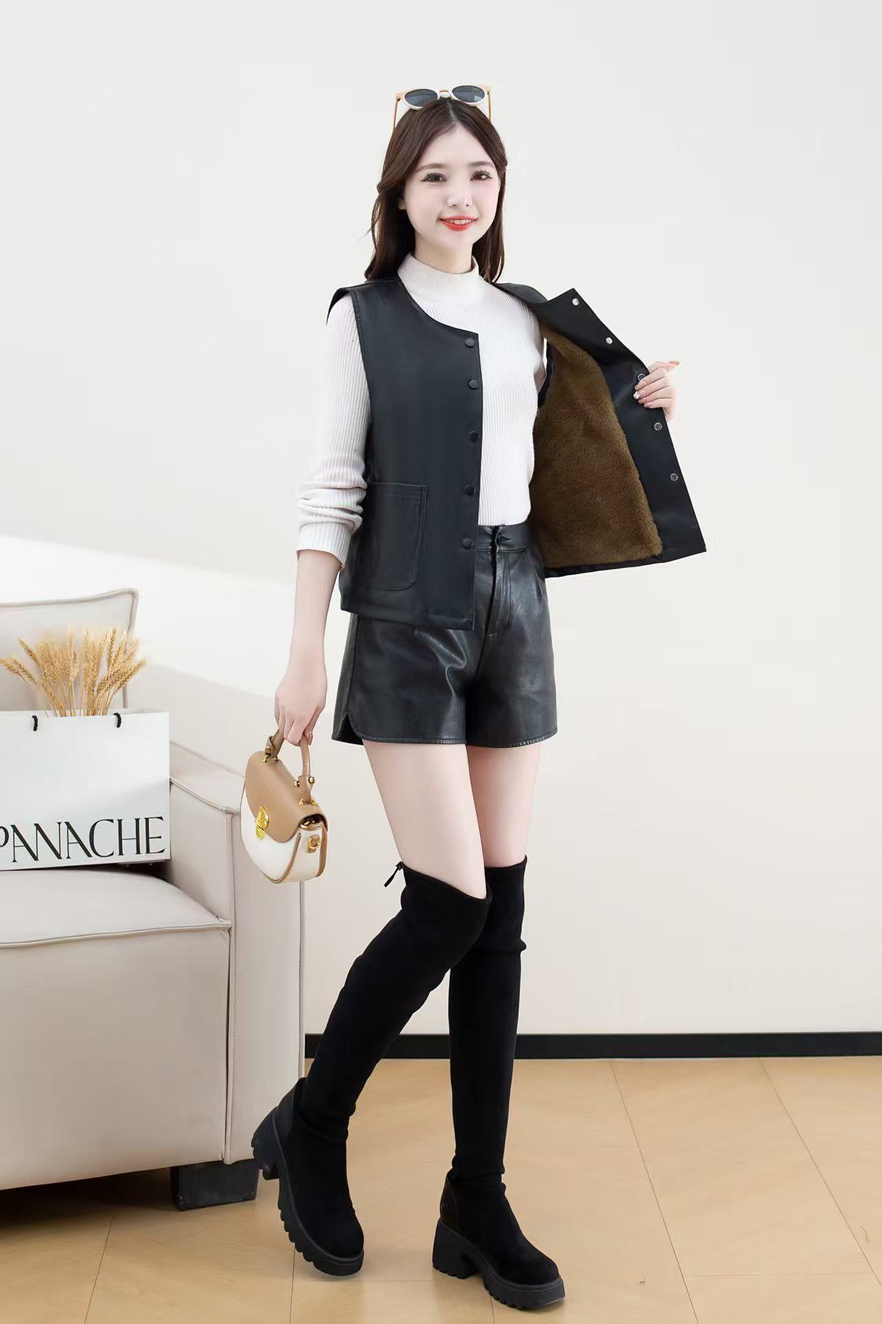 秋冬韩版百搭新款海宁皮衣女短款时尚气质显瘦洋气皮夹克马甲外套