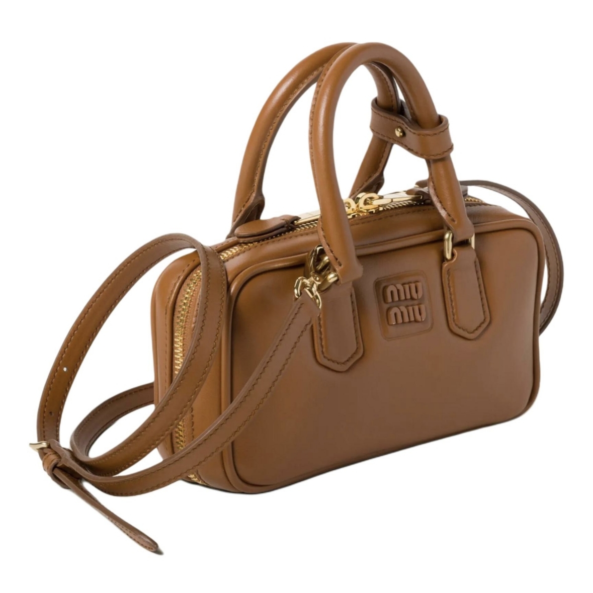 99新 MIU MIU/缪缪 【一梵】Arcadie皮革手提迷你干邑色包