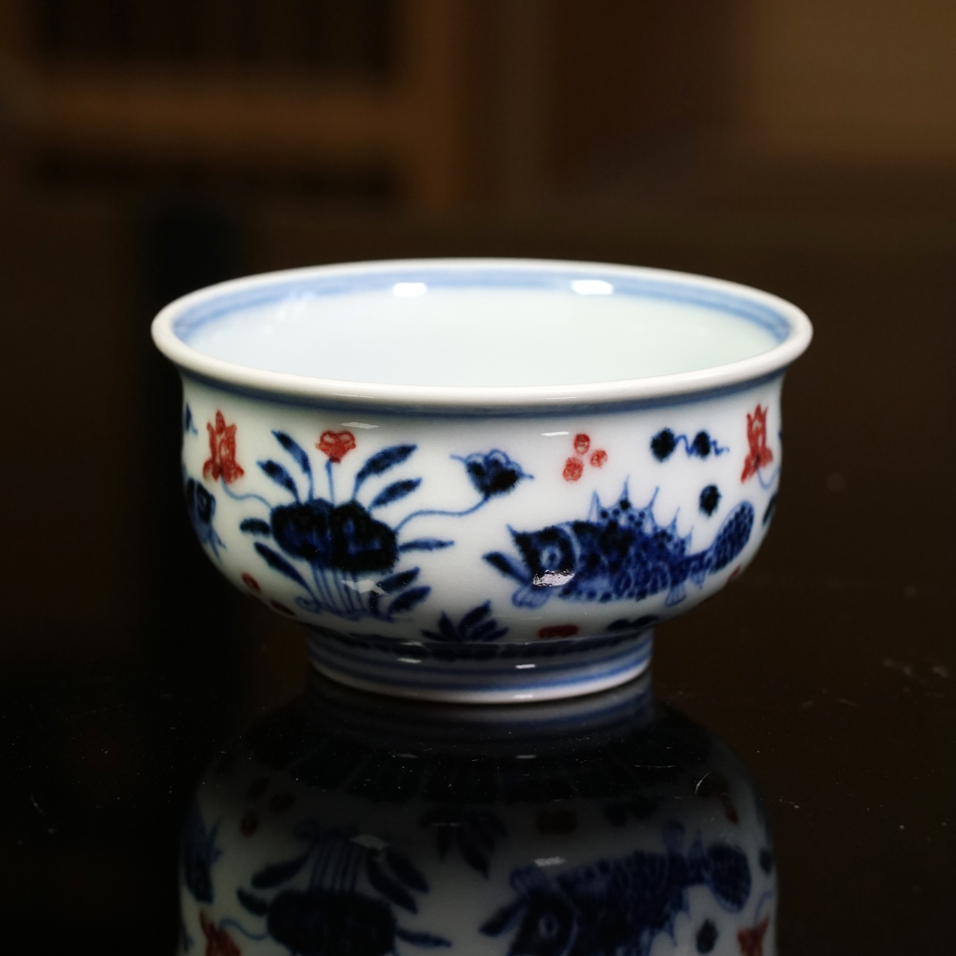【澄观柴窑】-青花釉里红鱼藻纹炉式杯