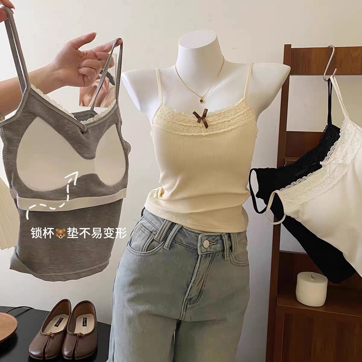 纯欲蕾丝花边灰色吊带背心女带胸垫内外搭短款修身设计感小众上衣