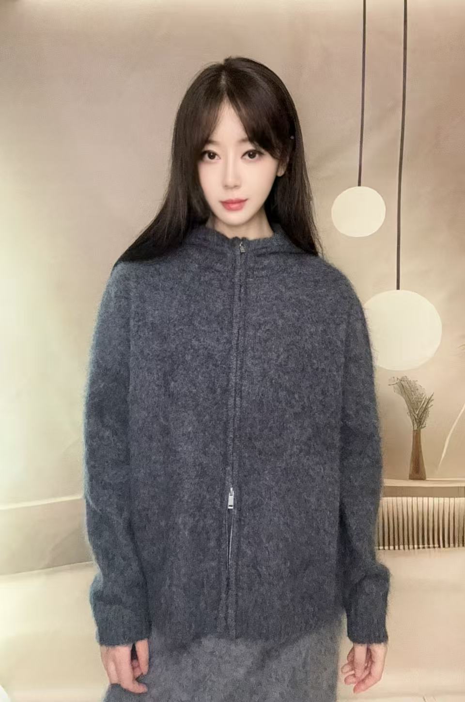 ~【叁喜】~休闲水洗山羊绒拉绒针织双拉链女毛衣网红帽衫连帽514H12