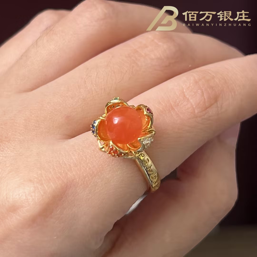 【佰万银庄】纯银925 南红莲花可转动开口可调节戒指轻奢精致冰红