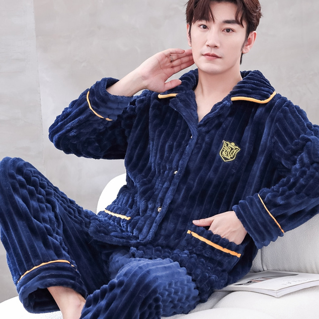 可外穿珊瑚绒睡衣男秋冬季加厚男士套装加绒法兰绒春秋家居服大码