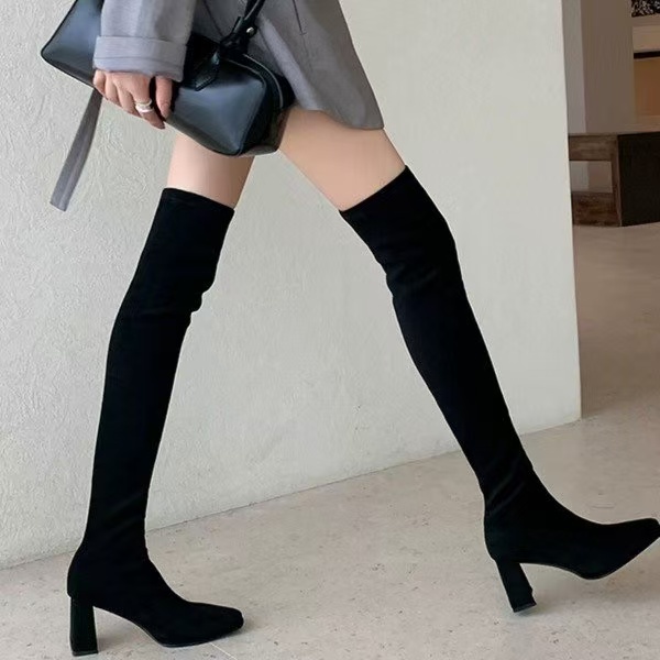 秋冬新款尖头粗跟过膝长靴显瘦不掉筒弹力瘦瘦靴