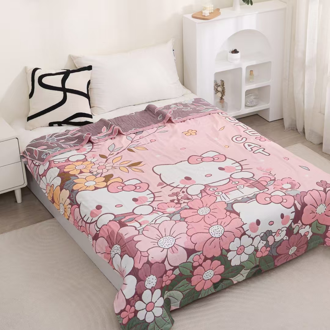 【花朵小猫】150*200cm亲肤可爱卡通柔软纱布春秋夏泡芙被XH