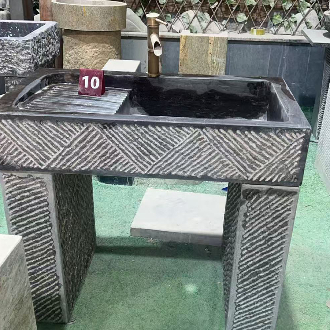 户外天然青石整石一体带搓衣板台盆家用洗衣洗手两用池