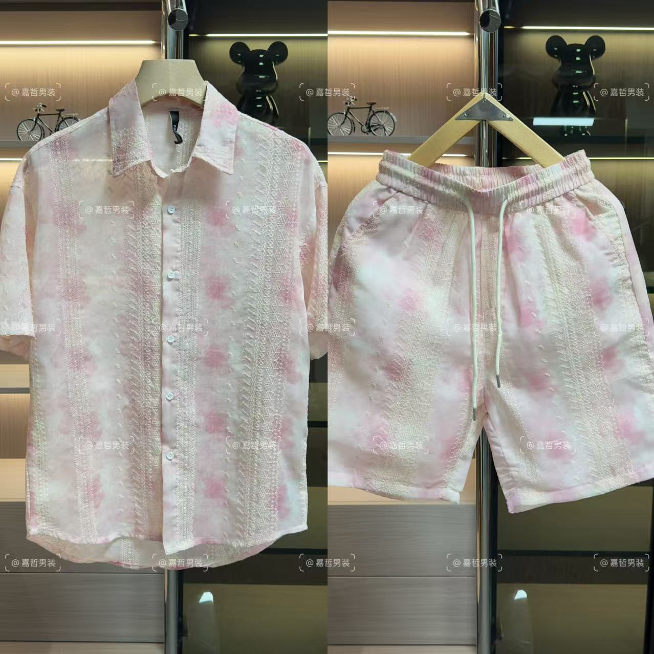 夏季男士潮流扎染渐变色刺绣设计时尚休闲短袖短裤衬衫套装