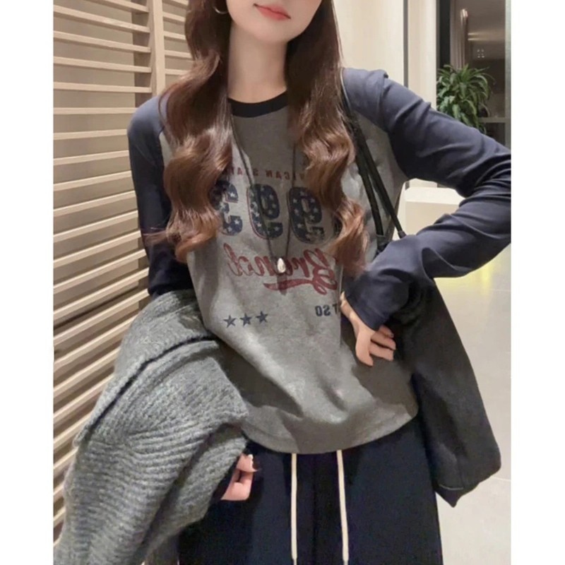 插肩圆领长袖t恤女2025秋季新款韩版设计感时尚修身显瘦撞色上衣