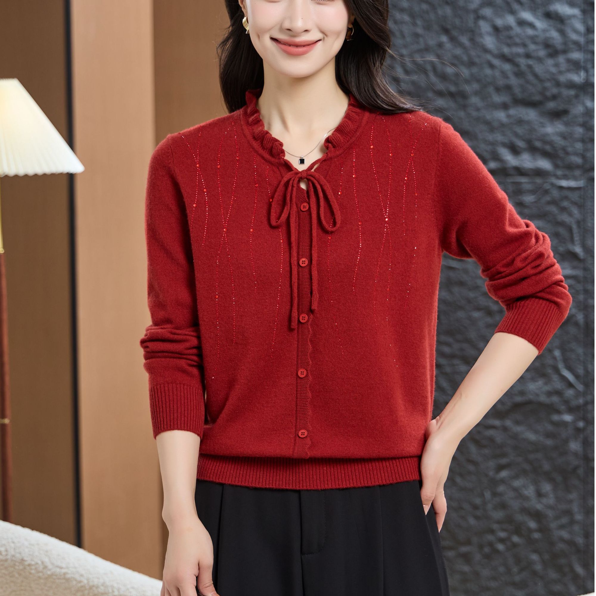 大瑶875冬季新款100%羊毛圆领小V领设计感针织飘带毛衣