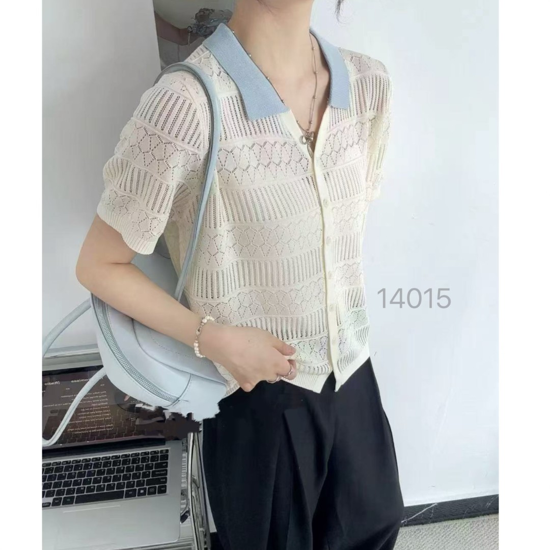 14015（部分无水洗唛，介意慎拍）CHUXUN新款撞色领钩花翻领针织短袖