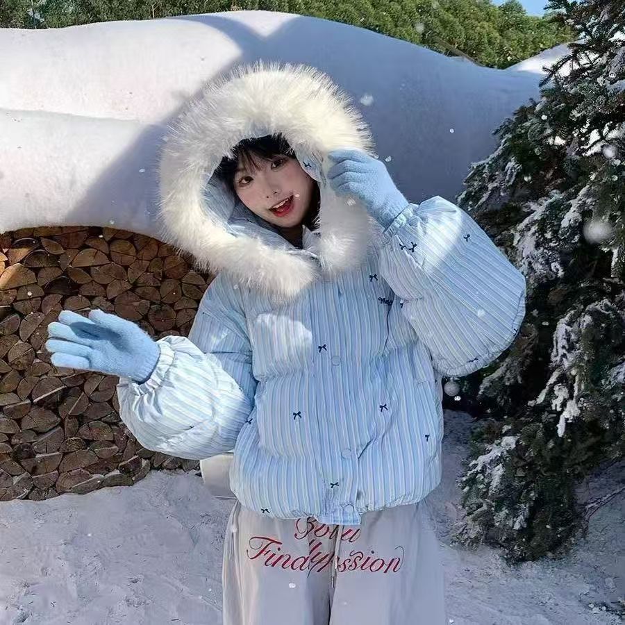 【现货+运费险】冬季韩版蝴蝶结连帽保暖棉衣女款棉服毛领宽松